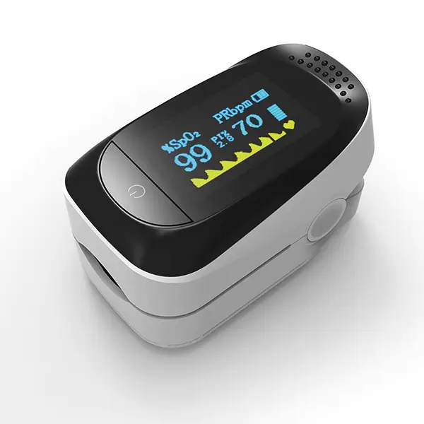 Fingerpulsoximeter RESQ-Meter mit klarer OLED-Anzeige, misst Sauerstoffsättigung und Puls. Leichtes Gerät für den mobilen Einsatz.