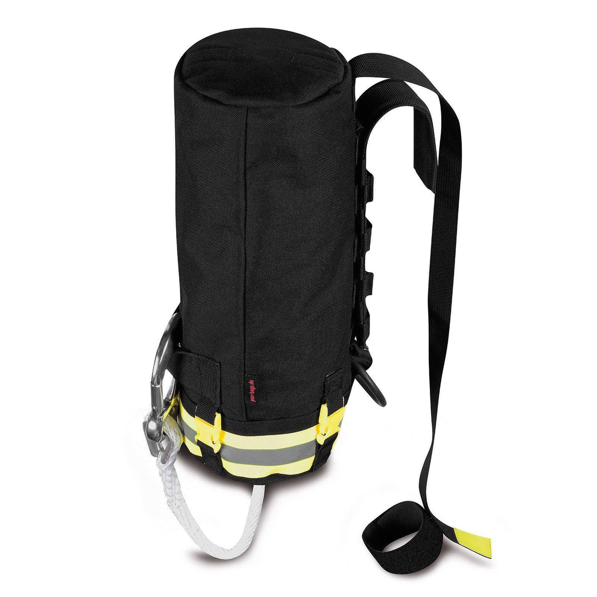 Leinenbeutel PA PAX in schwarz mit reflektierenden Streifen und Selbstlösegriff, ideal zur sicheren Befestigung von Atemschutzgeräten bei Feuerwehreinsätzen. Robuste Ausführung für den professionellen Einsatz im Bereich Arbeitsschutz.