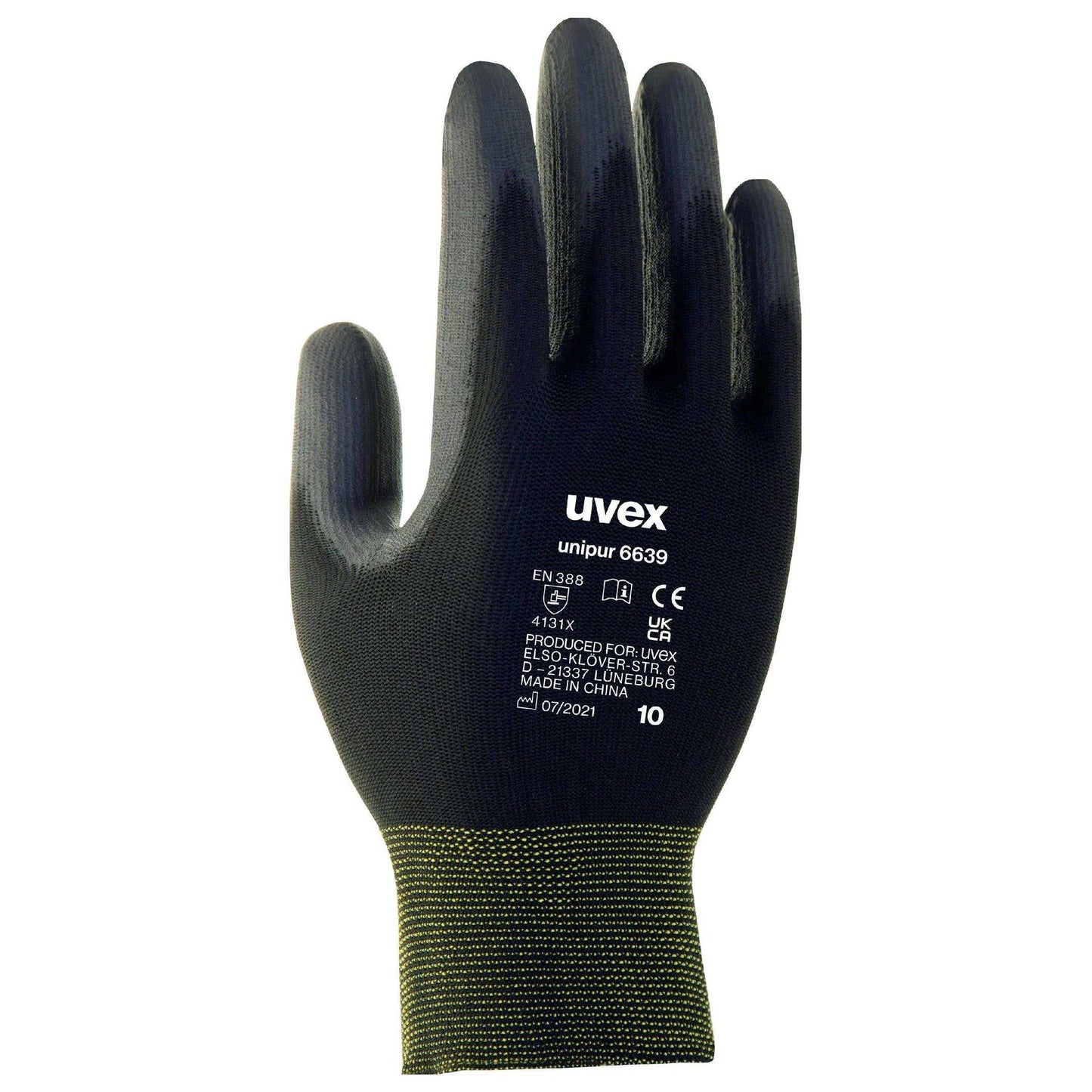 Schwarzer uvex unipur 6639 Schutzhandschuh mit gelbem Bündchen, geeignet für präzises Arbeiten dank exzellenter Griffigkeit und Flexibilität.