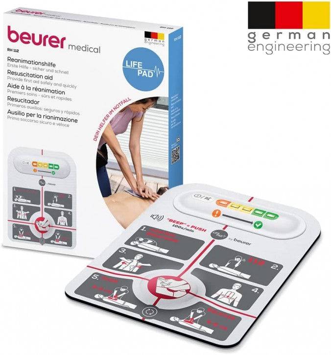 LifePad® Reanimationshilfe von beurer mit Verpackung, kompakte Reanimationshilfe für medizinische Notfälle mit visueller Anleitung und 100x/min Feedback.