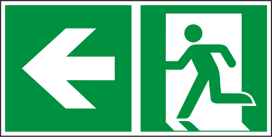 Notausgangsschild links – Kombischild ISO 7010 E001 + E005 mit Pfeil und Fluchtweg-Symbol, langnachleuchtend und selbstklebend für Innenbereiche.