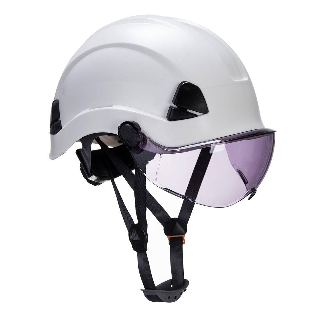 PA03 Portwest Schutzhelm mit getöntem Visier, CE-zertifiziert für Arbeitssicherheit in Höhenbereichen, mit verstellbarem Kinnriemen.
