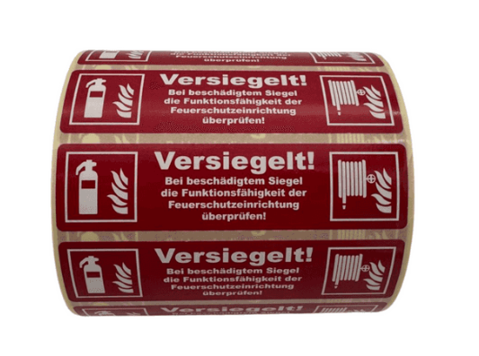 Wandhydrant Aufkleber auf Rolle 'Versiegelt' in Rot mit weißen Symbolen und Warntext, 500 Stück für Brandschutzkennzeichnung.