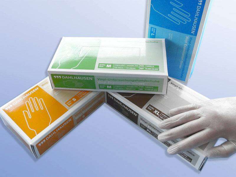Einmalhandschuhe Vinyl ungepudert latexfrei AQL 1,5 in verschiedenen Größen von DAHLHAUSEN, ideal für medizinische und industrielle Anwendungen.
