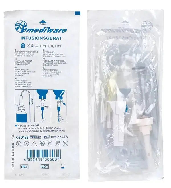 Infusionsgerät 100 Stück für Schwerkraftinfusion. Flexibler Tropf, knickfreier Schlauch, bakterienfreier Filter, Luer Lock. Latexfrei. Perfudrop Air ähnlich.
