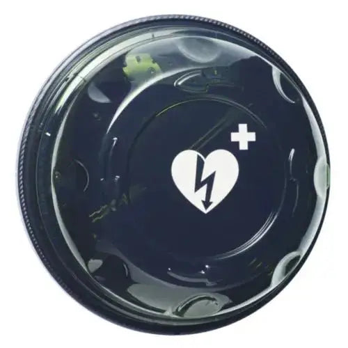 Schwarzer Deckel mit einem weißen Symbol aus Herz, Blitz und Pluszeichen, das auf einen Defibrillator oder medizinische Notfallausrüstung hinweist.