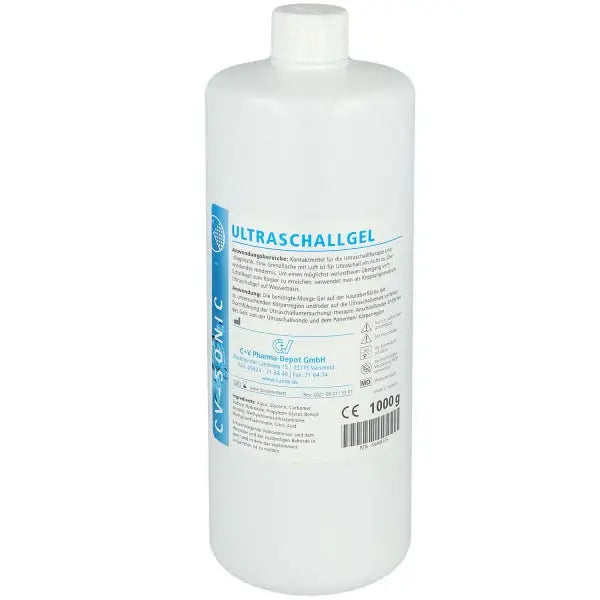 CV-Sonic Ultraschallgel 1000g Flasche für medizinische Diagnostik, hautfreundliches Kontaktmittel für präzise Ultraschalluntersuchungen.