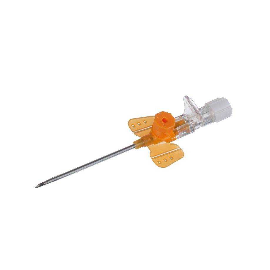 Orange Vasofix Safety Braunüle mit Schutzclip und Port für sichere Injektionen. Robuste Sicherheitskanüle für den Klinikbedarf.