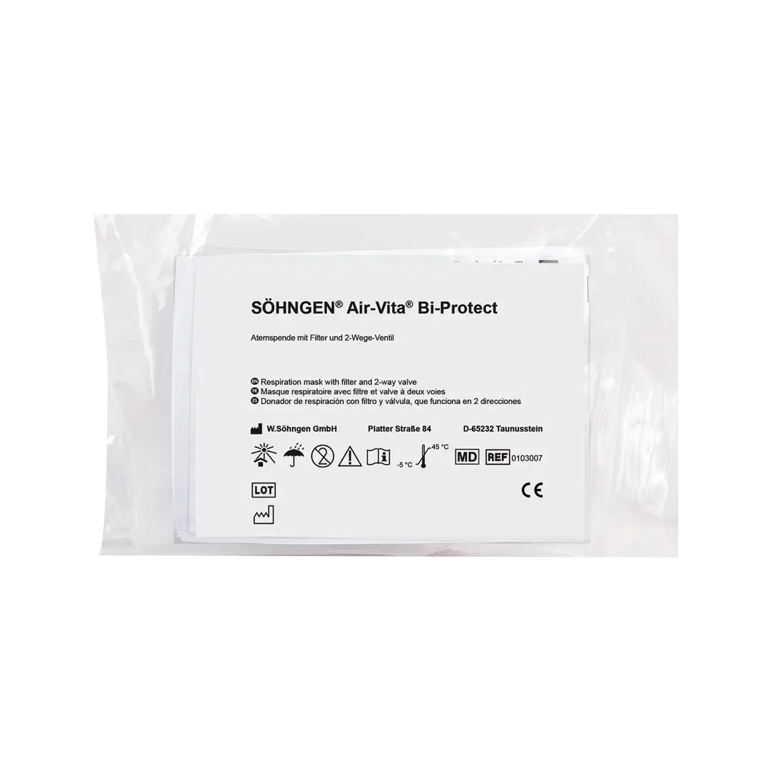 Air-Vita® Bi-Protect Beatmungshilfe von Söhngen in hygienischer Verpackung, ideal für Erste Hilfe Verbandstoffe im Bereich Atemschutz.