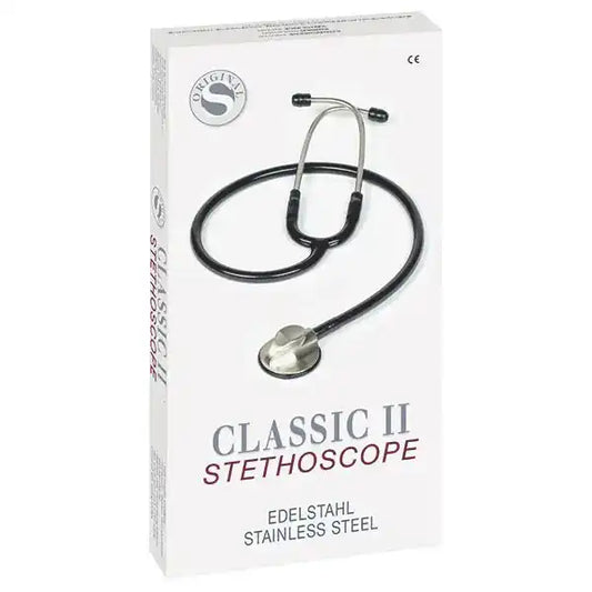 Verpackung des Cardiologie Stethoskops Classic II aus Edelstahl mit schwarzem Schlauch, inklusive Ersatzmembran, in Display-Karton