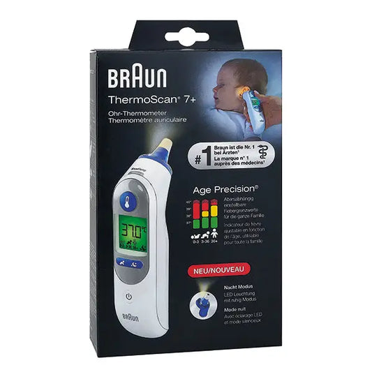 Verpackung des Braun ThermoScan 7+ IRT6525WE Ohrthermometers mit Age Precision, ideal für Babys und Kinder, mit Nachtmodus und Fieberanzeige.