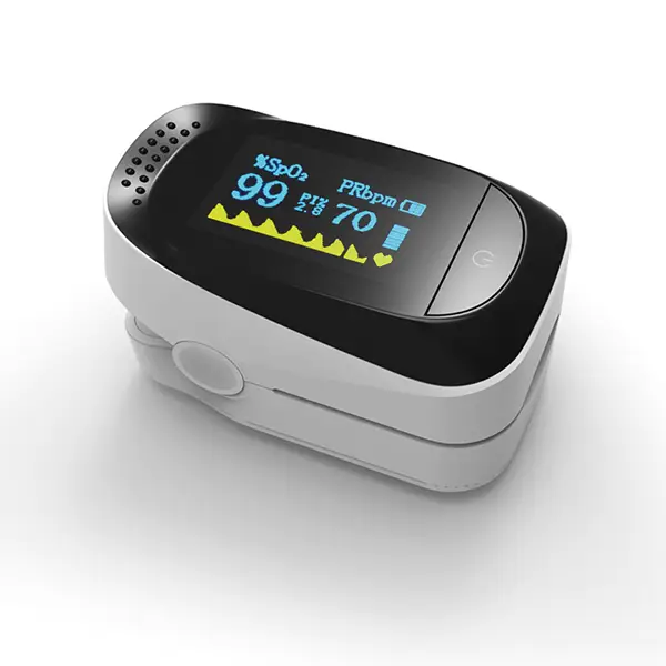 Pulsoximeter RESQ-Meter mit OLED-Display zeigt SpO2-Wert 99% und Pulsfrequenz 70 bpm. Ideal für medizinische Überwachung unterwegs.