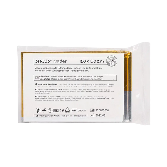 Kinder SIRIUS® Rettungsdecke silber-gold 160 x 120 cm in transparenter Verpackung, ideal für Erste Hilfe Sets im Gesundheitsbereich.