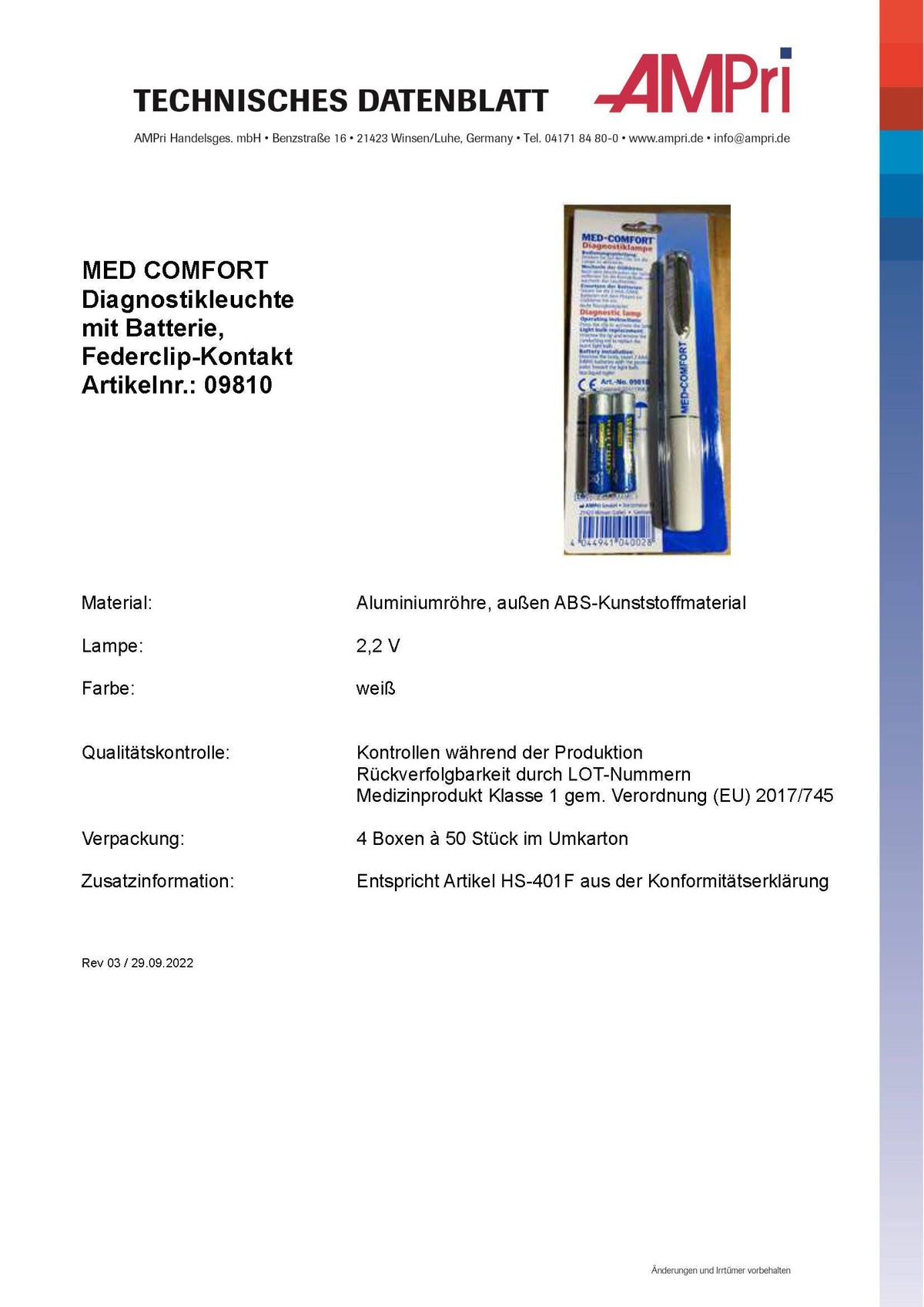 Technisches Datenblatt der Diagnostikleuchte weiß Med-Comfort mit Details zu Material, Spannung, Farbe und Verpackung für den medizinischen Einsatz.