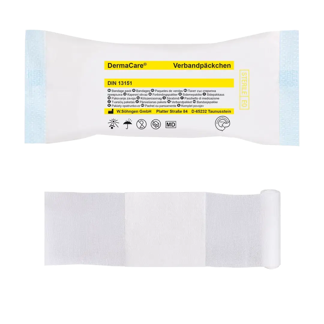 DermaCare® Verbandpäckchen DIN, elastische Fixierbinde mit steriler Kompresse, hygienisch einzeln verpackt, konform mit DIN 13151.