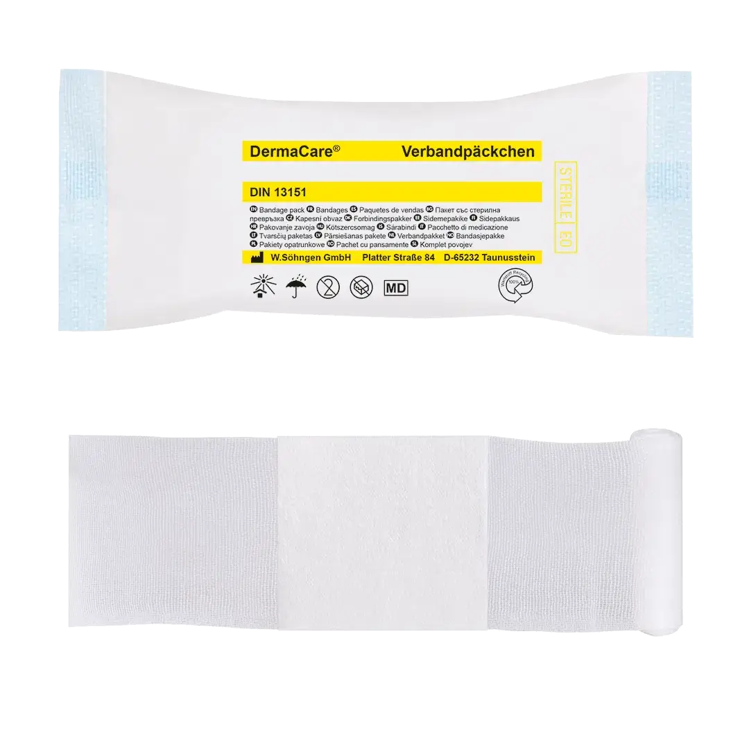 Steriles DermaCare® Verbandpäckchen DIN mit elastischer Fixierbinde und No-Touch-Wicklung, geeignet für medizinische Erstversorgung und Wundpflege.