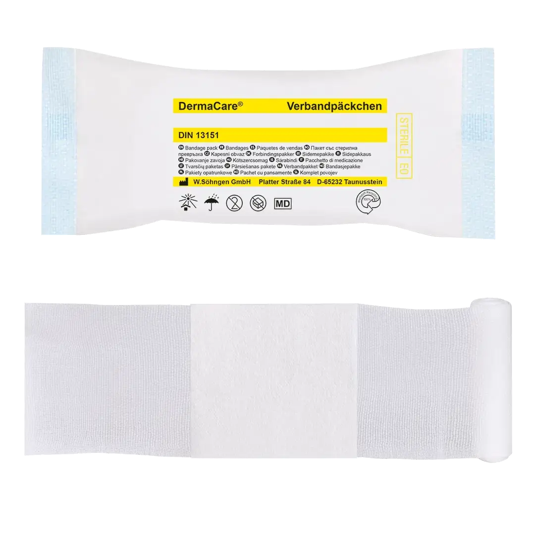 DermaCare® Verbandpäckchen DIN, sterile Kompresse auf elastischer Fixierbinde, einzeln verpackt in Peelpackung, ideal für Erste-Hilfe-Anwendungen.