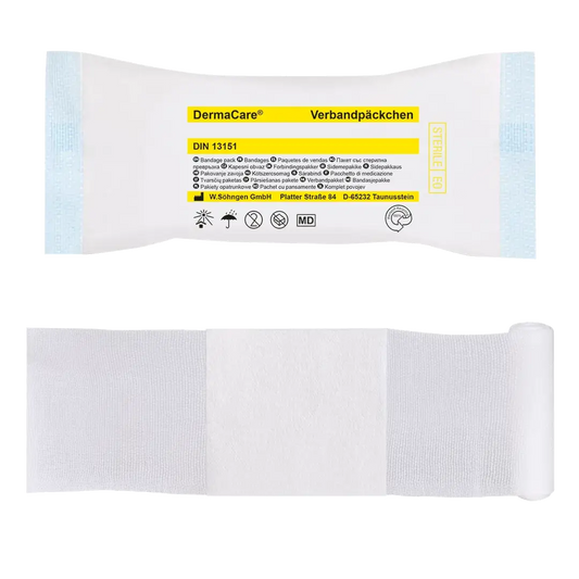 DermaCare® Verbandpäckchen DIN, sterile Kompresse auf elastischer Fixierbinde, einzeln verpackt in Peelpackung, ideal für Erste-Hilfe-Anwendungen.