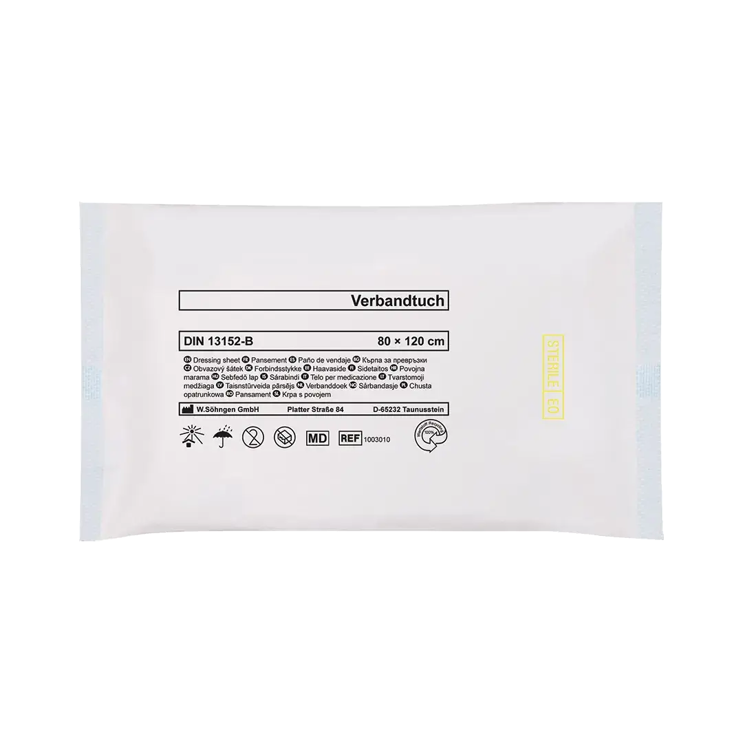 Steriles Verbandtuch DIN SO PP-Vlies 80 x 120 cm mit ca. 125 g/m2 Saugfähigkeit, einzeln verpackt nach DIN 13152-B für Erste Hilfe Sets.