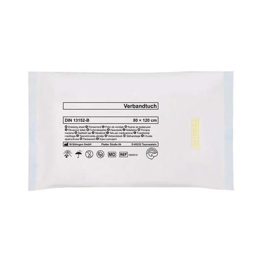 Steriles Verbandtuch DIN SO PP-Vlies 80 x 120 cm mit ca. 125 g/m2 Saugfähigkeit, einzeln verpackt nach DIN 13152-B für Erste Hilfe Sets.