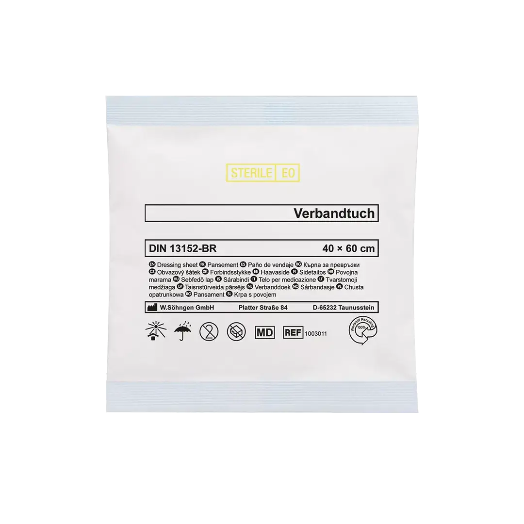 Steriles Verbandtuch DIN SO PP-Vlies 40 x 60 cm, saugfähig ca. 125 g/m2, entspricht DIN 13152-BR, geeignet für Erste Hilfe Anwendungen.