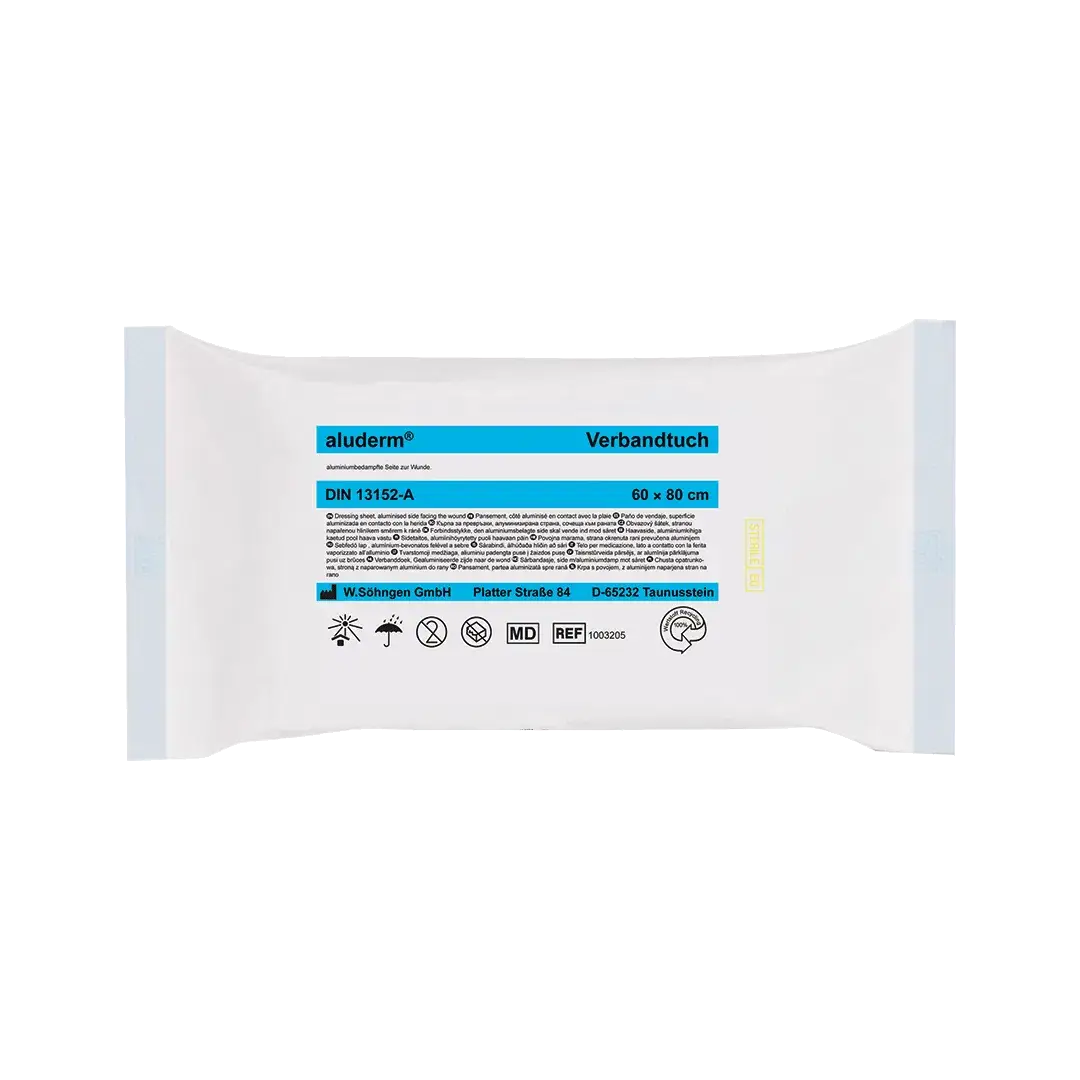 aluderm® Verbandtuch 60 x 80 cm für sanfte Wundtherapie mit aluminiumbedampfter Wundauflage, ideal für Erste Hilfe Sets.