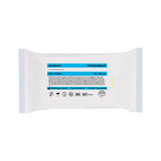 aluderm® Verbandtuch 60 x 80 cm für sanfte Wundtherapie mit aluminiumbedampfter Wundauflage, ideal für Erste Hilfe Sets.