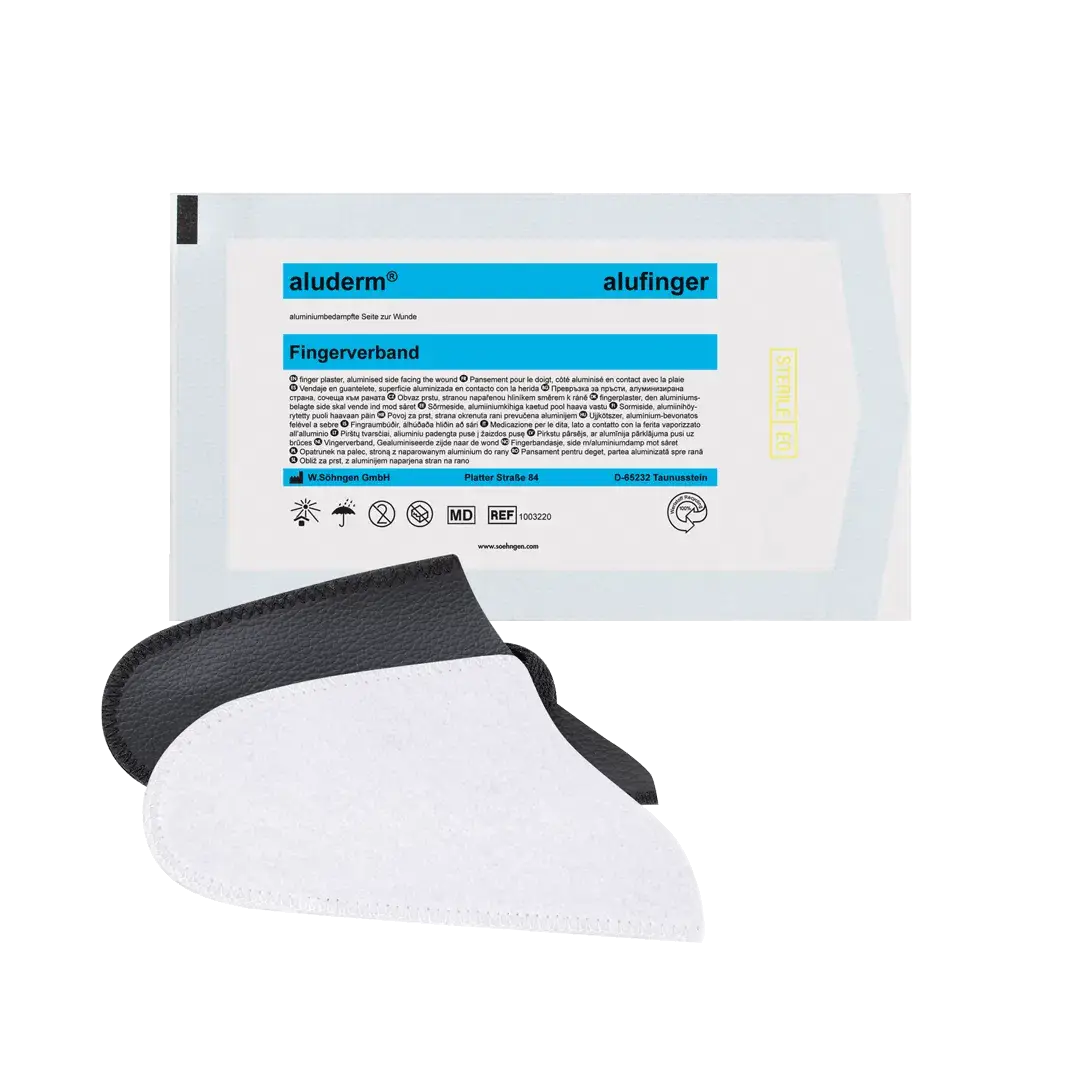 Steril verpackter aluderm® alufinger Stülpverband mit vorgeformtem Design für einfache Anwendung bei Fingerverletzungen.