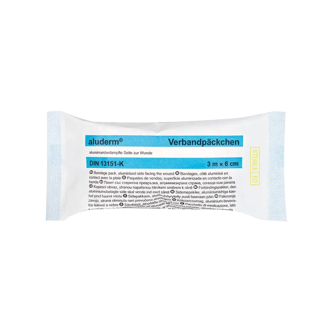 Effektives Erste-Hilfe-Bandage: aluderm® Verbandpäckchen 3 m x 6 cm, steril und elastisch für schnelle Wundversorgung im Notfall.