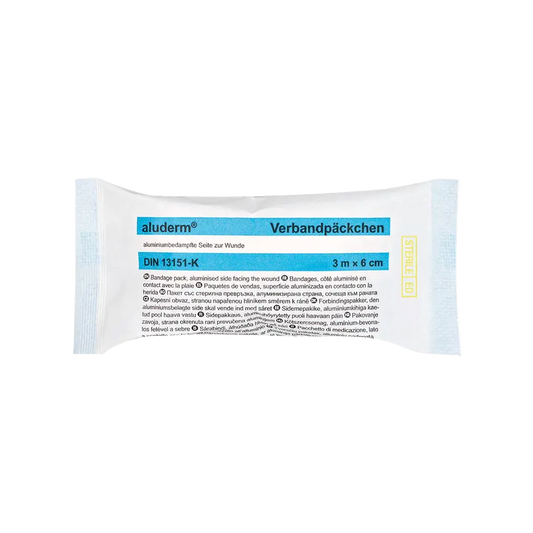 Effektives Erste-Hilfe-Bandage: aluderm® Verbandpäckchen 3 m x 6 cm, steril und elastisch für schnelle Wundversorgung im Notfall.