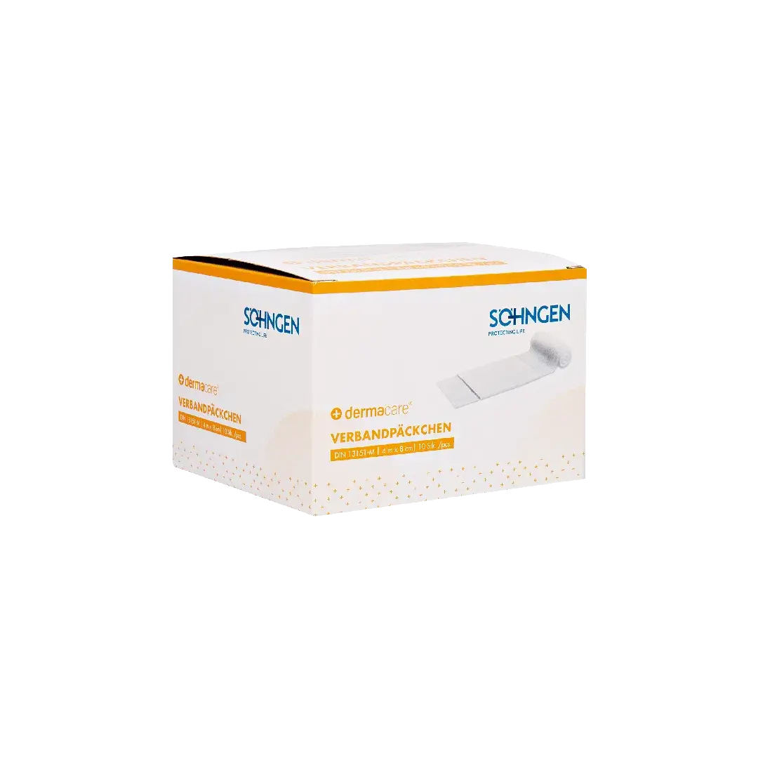 Verpackung der DermaCare® Verbandpäckchen DIN, enthält sterile Erste-Hilfe-Binden mit elastischer Fixierbinde, ideal für medizinische Notfälle.