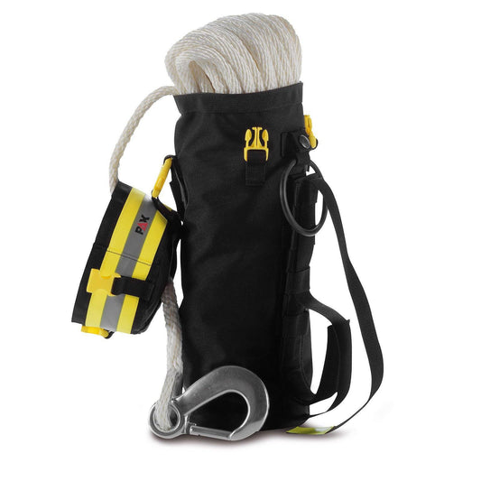 Leinenbeutel PA PAX schwarz mit Reflexstreifen, Haken und Seil für Atemschutzträger. Ideal für Feuerwehr-Einsätze im Arbeitsschutz.