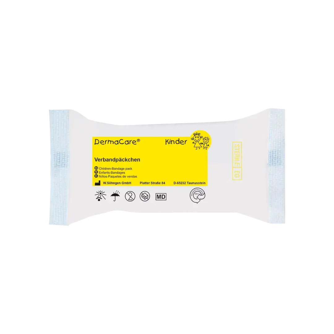 DermaCare® Kinder Verbandpäckchen für Erste Hilfe, steriles Verbandmaterial speziell für Kinder, ideal für empfindliche Haut.