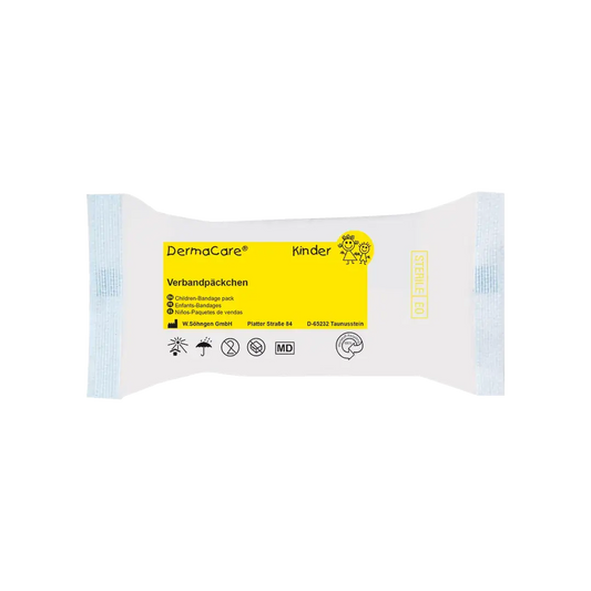 DermaCare® Kinder Verbandpäckchen für Erste Hilfe, steriles Verbandmaterial speziell für Kinder, ideal für empfindliche Haut.