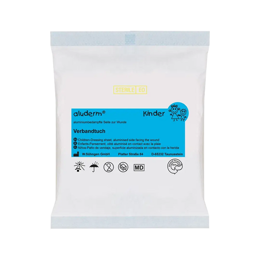 aluderm® Kinder Verbandtuch 25 x 30 cm in steriler Einzelverpackung, speziell für empfindliche Kinderhaut, aluderm®-Qualitätsverbandstoffe.