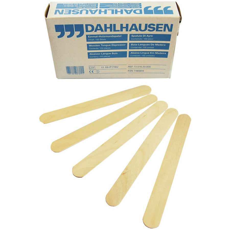 Holzmundspatel Dahlhausen Auslaufartikel | 100 Stück, polierte Einwegspatel aus Birkenholz, 15 cm lang, ideal für Diagnostik und medizinische Nutzung.