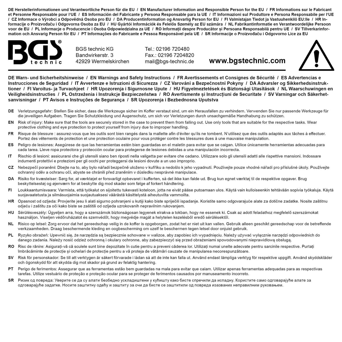 Produktinformation und Herstellerangaben zum Universal-Werkzeugkoffer 85-tlg. 11510 by medasi.shop in mehreren Sprachen auf Rückseite der Verpackung.