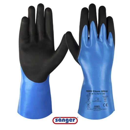 NEO Chem Ultra Chemikalien- und Schnittschutzhandschuh in Blau-Schwarz mit Magic-Grip-Beschichtung, ideal für industrielle Sicherheit bei Medasi.shop.