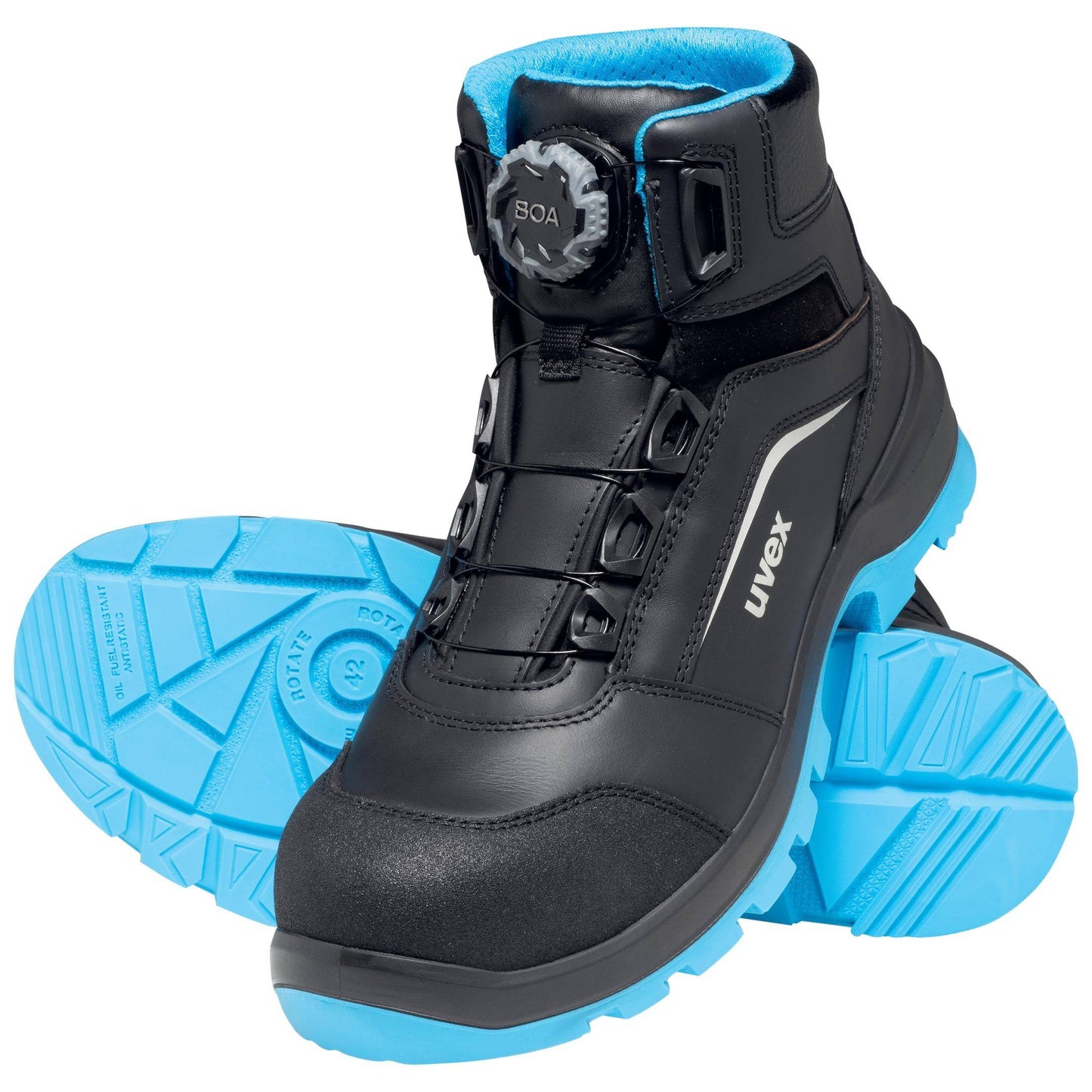 Metallfreier uvex 2 xenova® BOA® Sicherheitsschuh S3L Stiefel mit rutschfester blauer Sohle und ergonomischem BOA®-System für Industrieeinsätze.