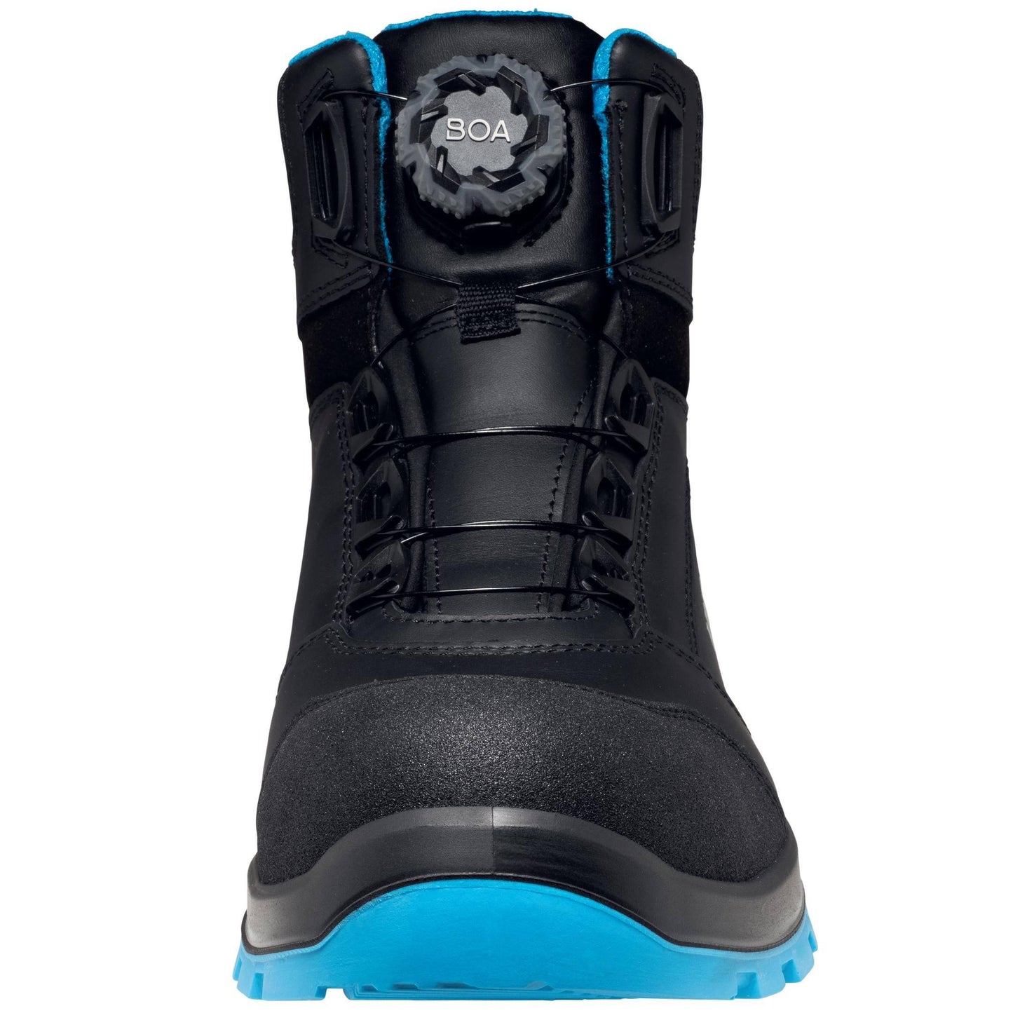 Frontansicht des uvex 2 xenova® BOA® Sicherheitsschuhs S3L Stiefel mit verstärkter Zehenkappe und innovativem BOA®-Verschlusssystem.