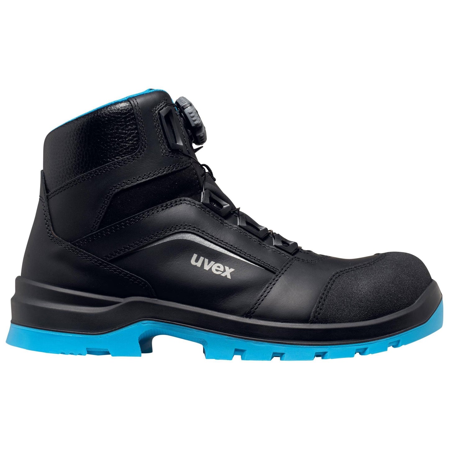 Seitliche Ansicht des uvex 2 xenova® BOA® Sicherheitsschuhs S3L Stiefel in Blau mit robustem Obermaterial und metallfreiem Schutzkonzept.