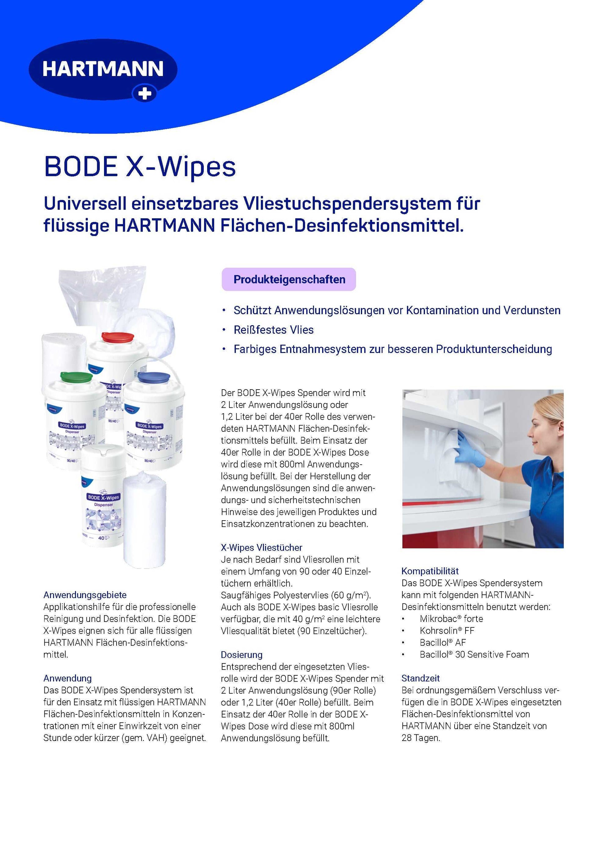 Produktdatenblatt BODE X-Wipes Spender – Übersicht zu Eigenschaften, Anwendung und Vorteilen des Vliestuchsystems für Desinfektionsmittel.