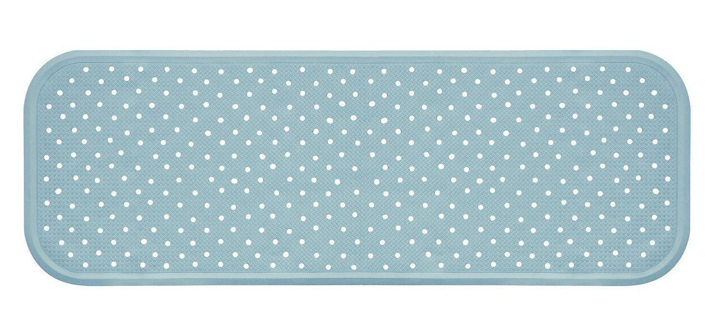Hellblaue Badewannenmatte aus Naturkautschuk 96x34cm mit rutschfester Oberfläche und Saugnäpfen für mehr Sicherheit in Bad und Dusche.
