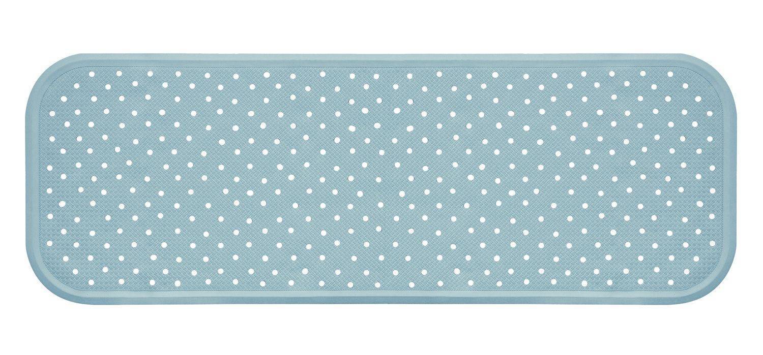Hellblaue Badewannenmatte aus Naturkautschuk 96x34cm mit rutschfester Oberfläche und Saugnäpfen für mehr Sicherheit in Bad und Dusche.