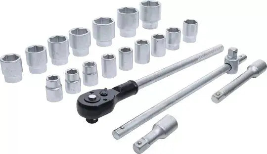20-teiliger Steckschlüssel-Satz BGS mit Antrieb 20 mm (3/4), inklusive Ratsche, Verlängerungen und Nüssen von SW 19 bis 50 mm.