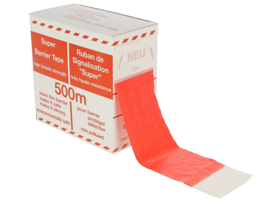 Absperrband rot weiß in LDPE Abrollbox mit 500m Länge, ideal für Baustellen und Gefahrensicherung, reißfest und wetterbeständig.