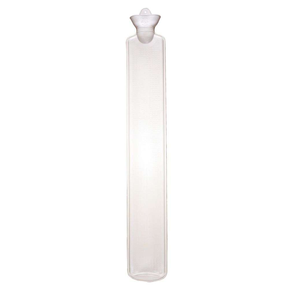 Transparente LONGI XXL Wärmflasche aus Gummi mit extra langer Form für gleichmäßige Wärmeverteilung bei Kälte und Verspannungen.