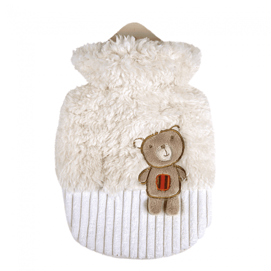 Wärmflasche mit Flauschbezug - Wärmflasche 0,8 L mit Gummi in Creme mit Teddybär-Applikation. Ideal für Kinder und kalte Wintertage.