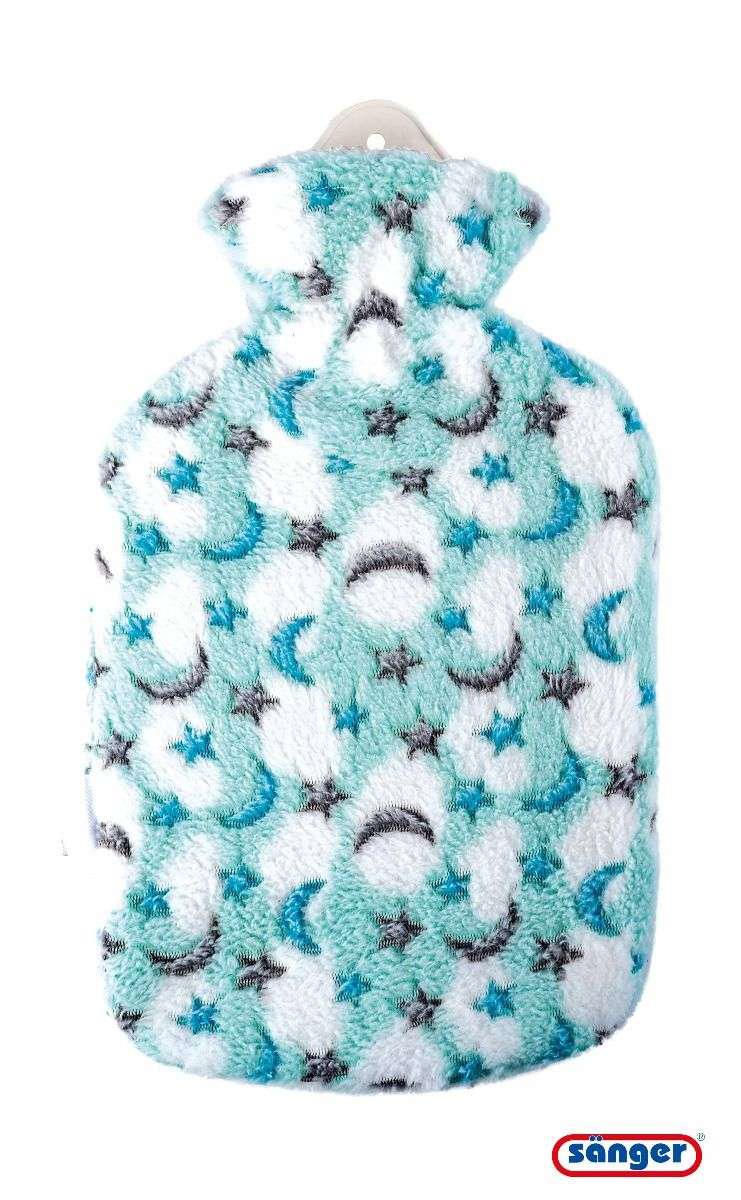 Wärmflasche 2,0 Liter mit Plüschbezug in türkis mit Mond- und Sternmotiven, ideal für entspannende Wärmebehandlungen.