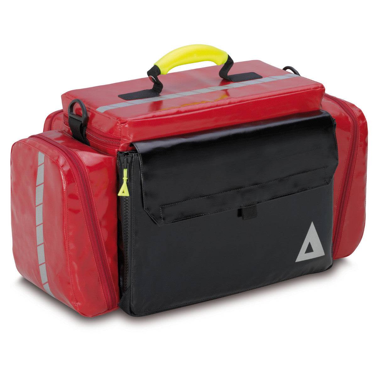 Rückseite der Einsatzleitertasche PAX mit schwarzem Fach und reflektierendem Dreieck, robust für den professionellen Einsatz im Notfallmanagement.